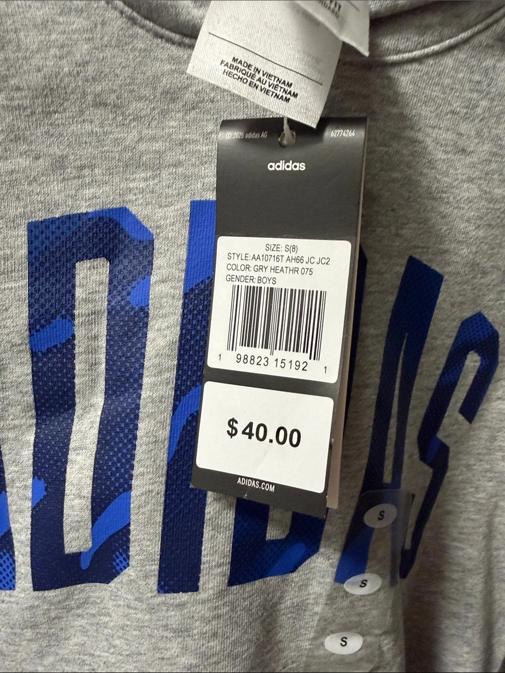 adidas Men's Gray Crewneck Sweatshirt with Blue Logo size 8 años